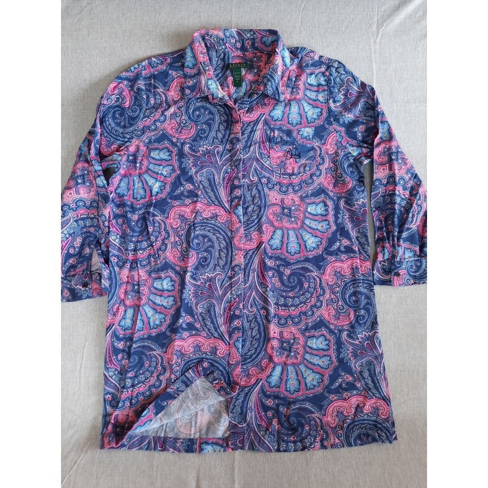 Lauren Ralph Lauren Women XL Paisley All-Over Print Tunic Top Blouse 3/4 Sleeve